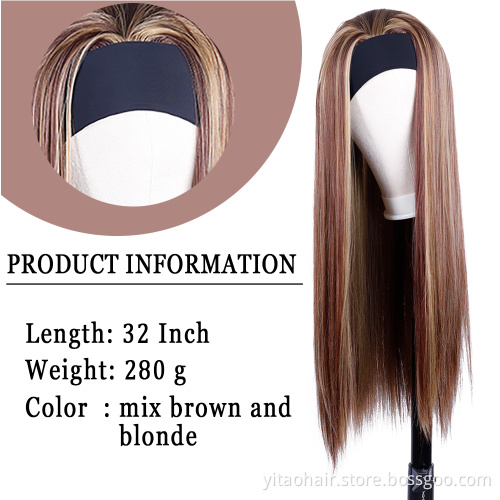 Blend Wigs Long Straight Mix Brown and Blonde Hair Synthetic Hair Wigs for Women Headband Wig